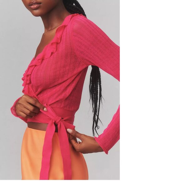 Anthropologie Maeve Linen Ruffled Wrap Cardigan Sweater size M pink new nwt - Picture 2 of 7